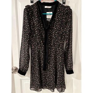 LUSH Black Floral Velvet Trim Long Sheer Sleeve Mini Dress Size S Party